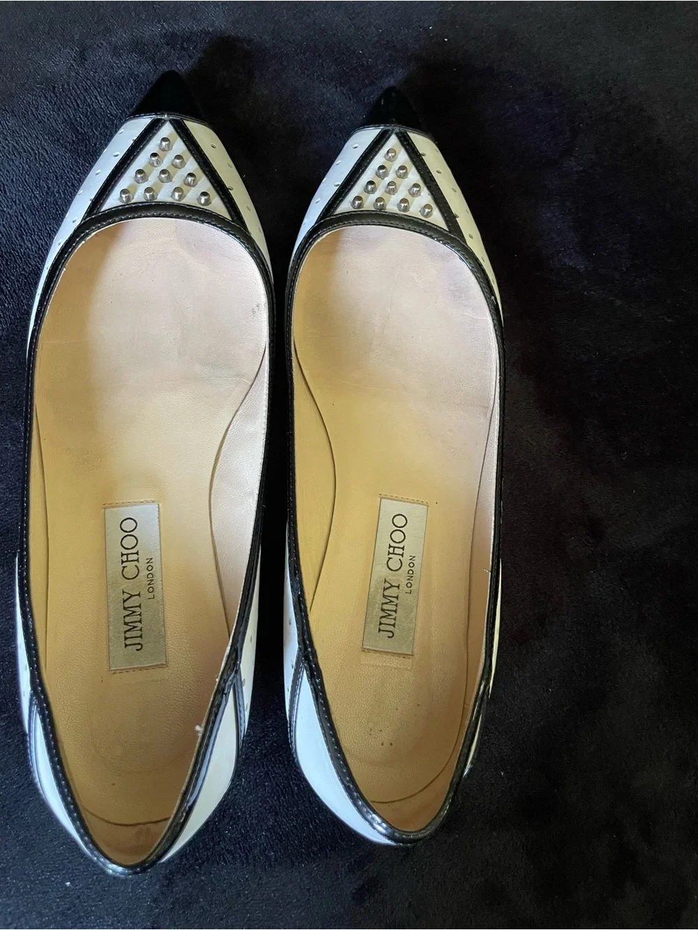 Jimmy Choo Black and White Studded Pointed Flats